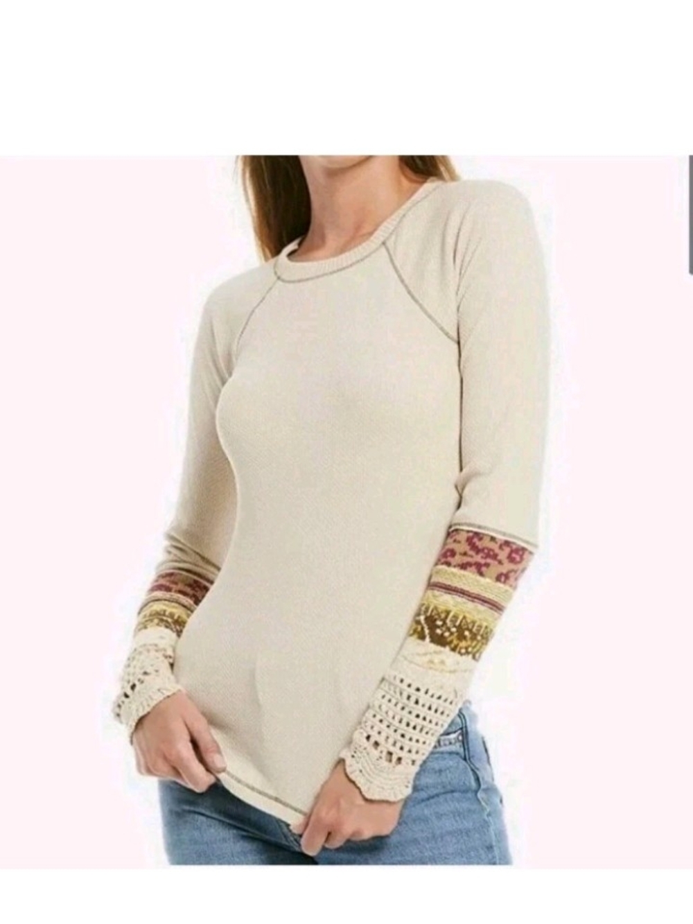 Free People Cream Thermal Top with Multicolor Patterned & Crochet Cuffs